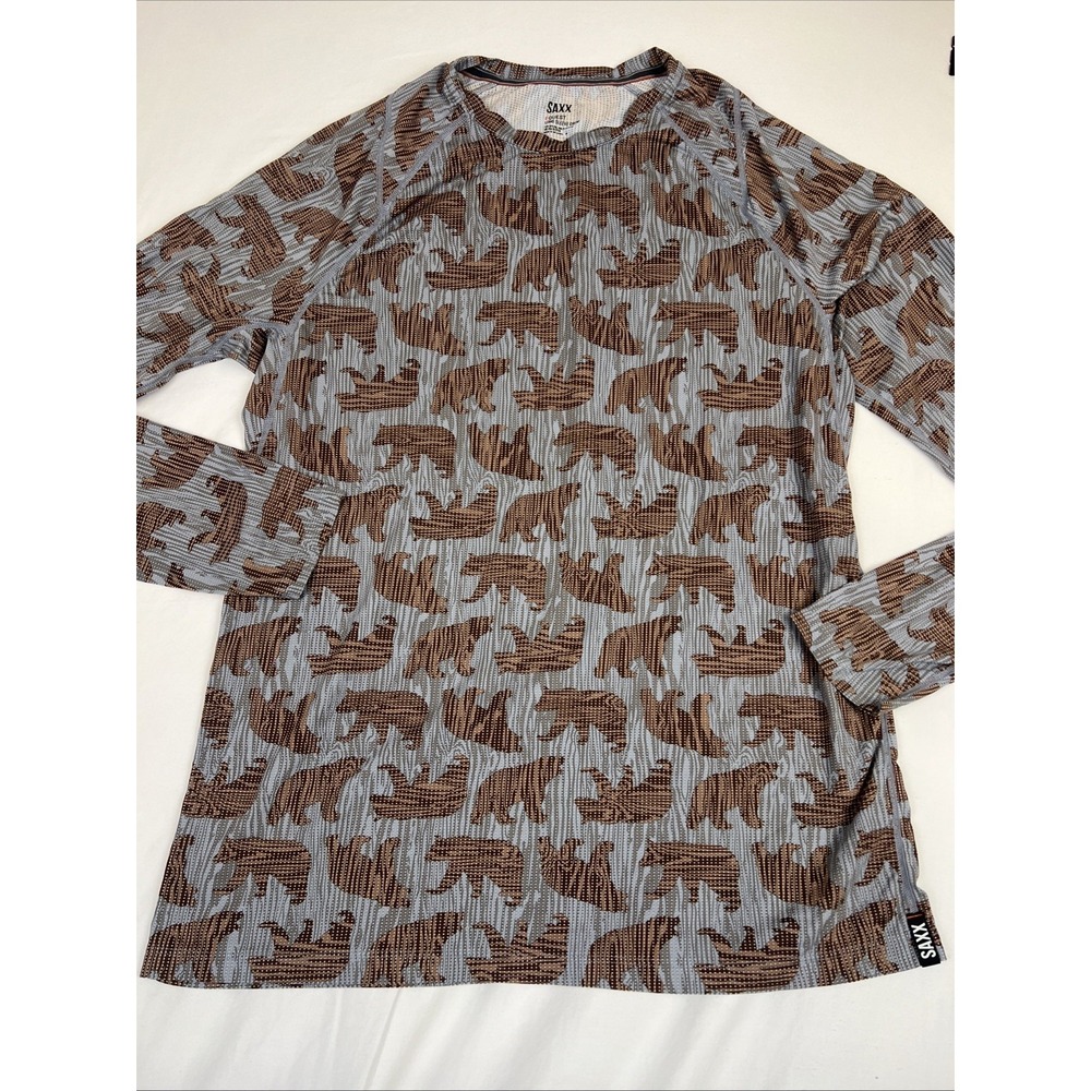 Saxx Quest Long Sleeve Crew Neck Shirt Mens Medium Grey Brown Bear Print Mesh